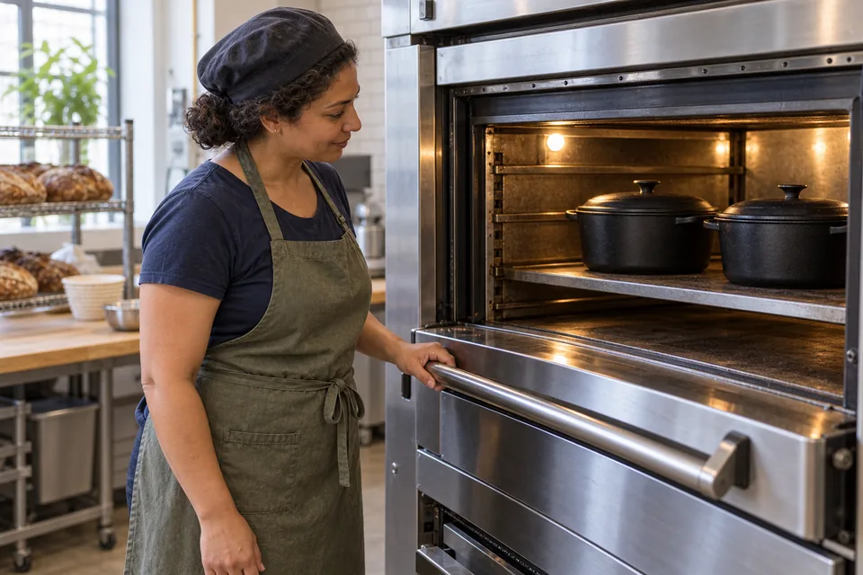 Two covered cast-iron pots heat on the middle oven rack.