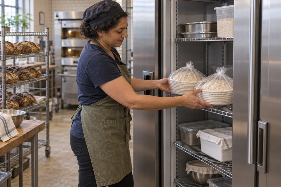 The baker moves two bag-covered dough rounds in bran-lined baskets into the refrigerator.