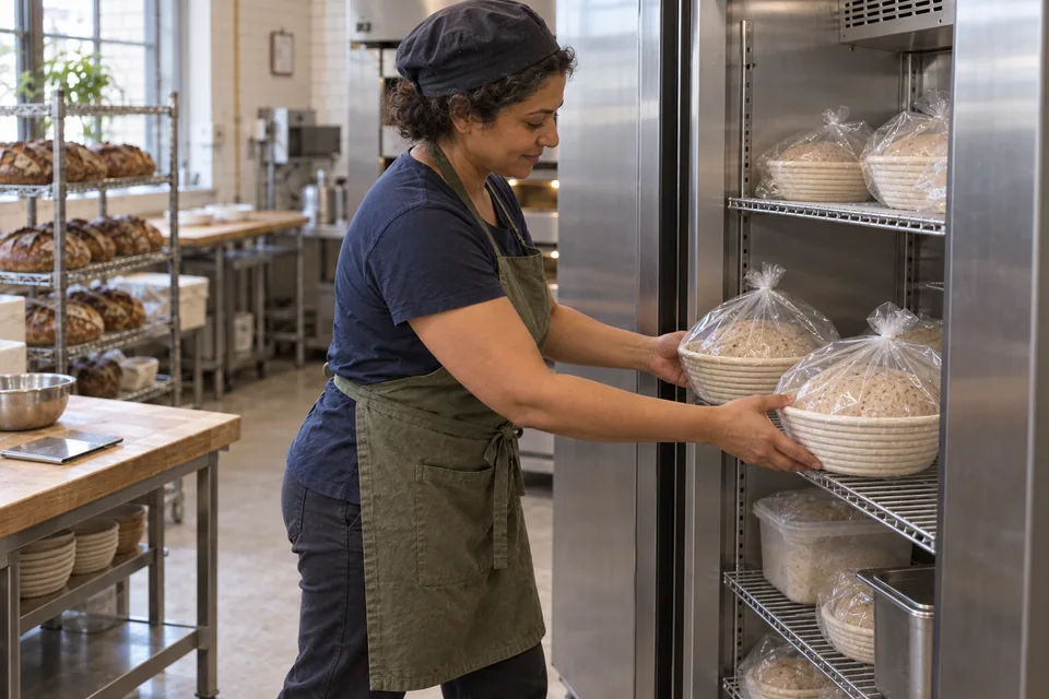 The baker places a pair of bag-covered grain-rich whole-wheat dough rounds in proofing baskets into the refrigerator.