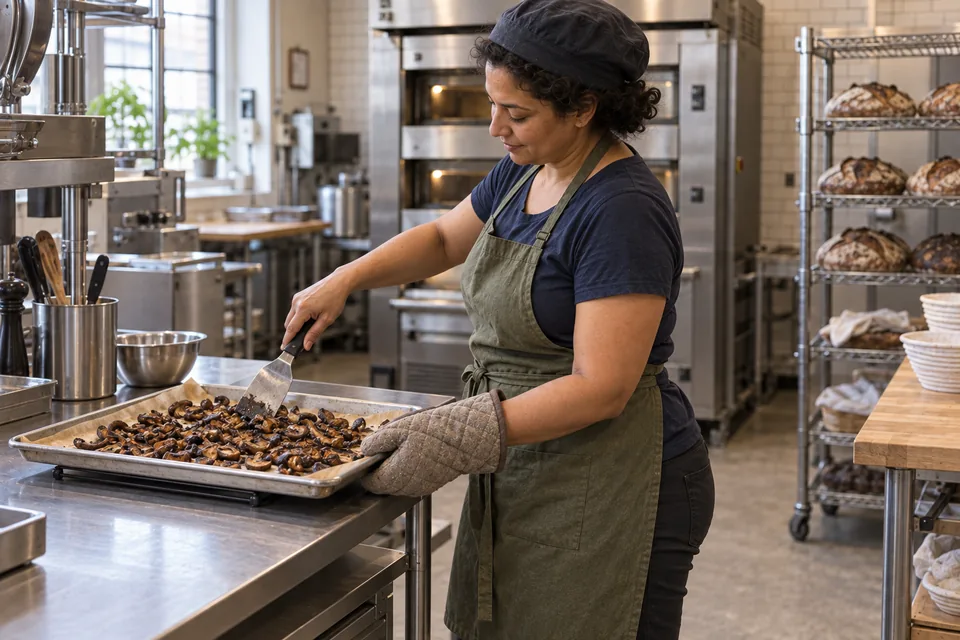 Sliced mushrooms are roasted until browned and surface-dry.