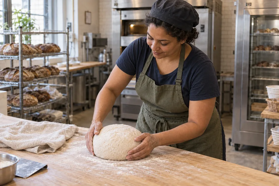 Baker gently tightening one large round of pale sourdough on a floured bench.