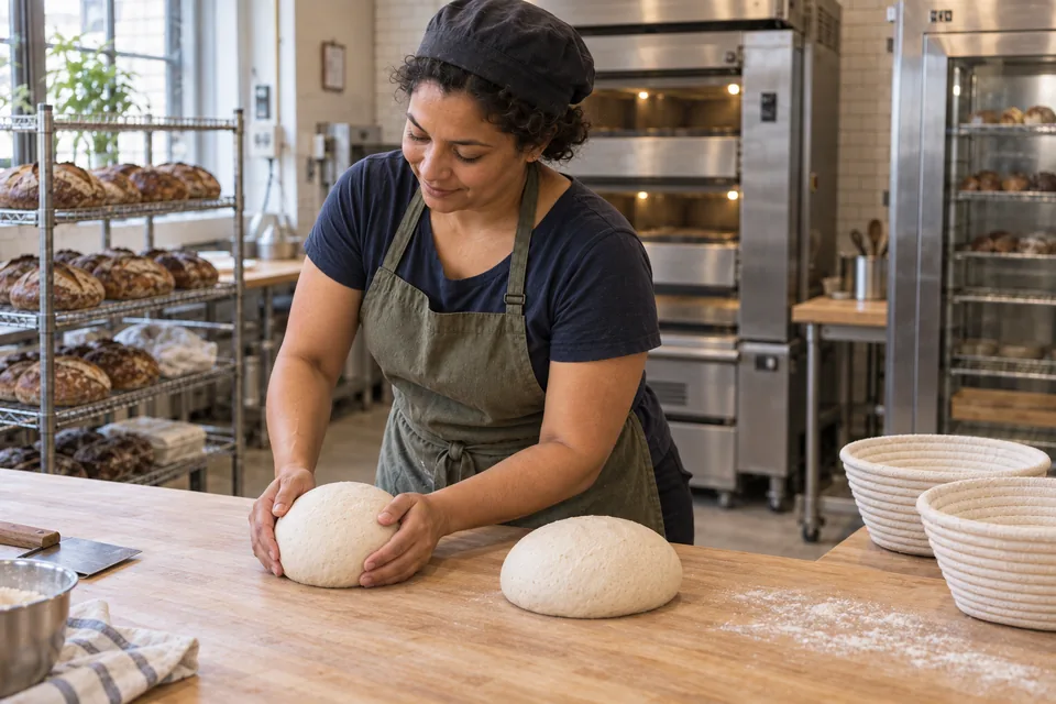 The baker cups one pale wheat dough round with a second equally sized round beside it.