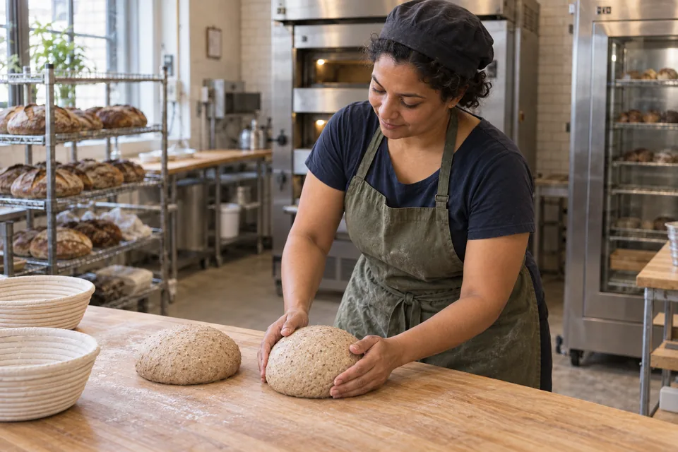 The baker cups one grain-rich whole-wheat dough round with a second equally sized round beside it.