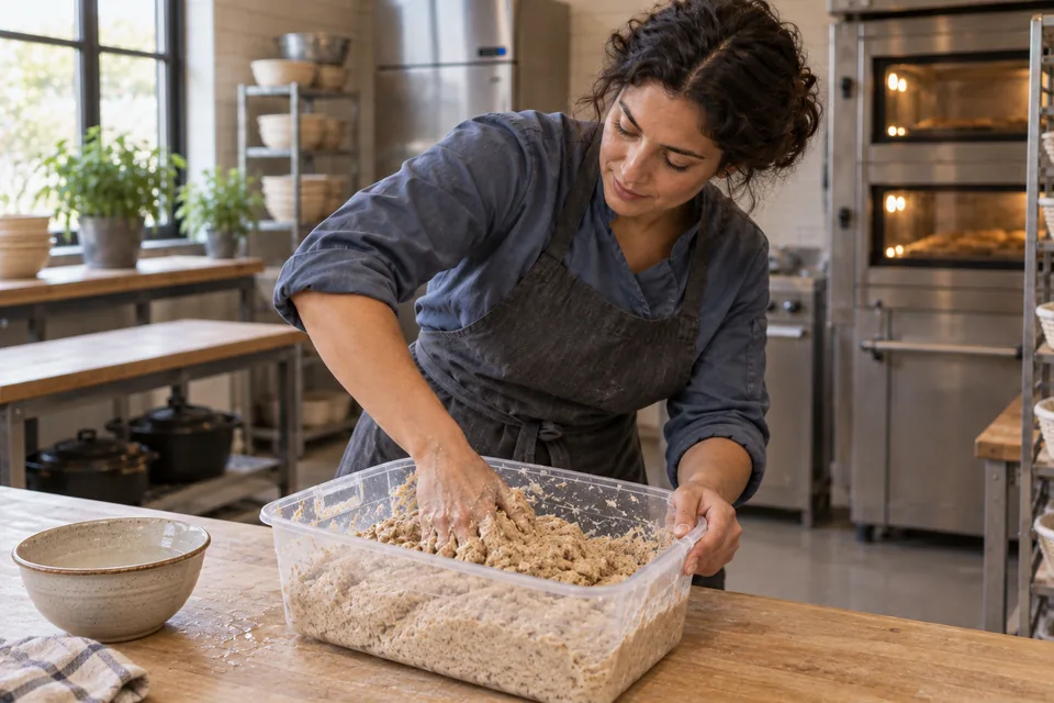 A baker mixes shaggy tan dough with abundant whole-wheat flecks in a clear tub.