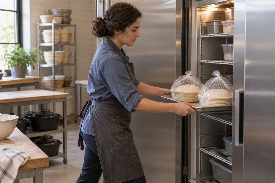 A baker slides two separately bagged proofing baskets into a stainless refrigerator.
