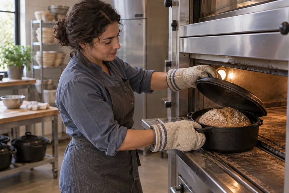 A baker uses oven mitts to uncover a mixed-grain round loaf in a black Dutch oven.