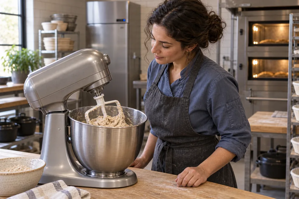 A baker inspects a stopped stand mixer with its head raised and a paddle holding sticky flecked dough.