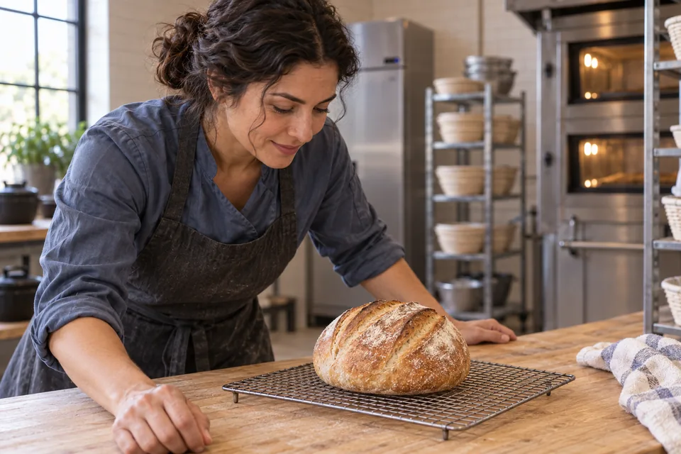 A baker leans toward one intact, diagonally scored golden round loaf on a cooling rack.