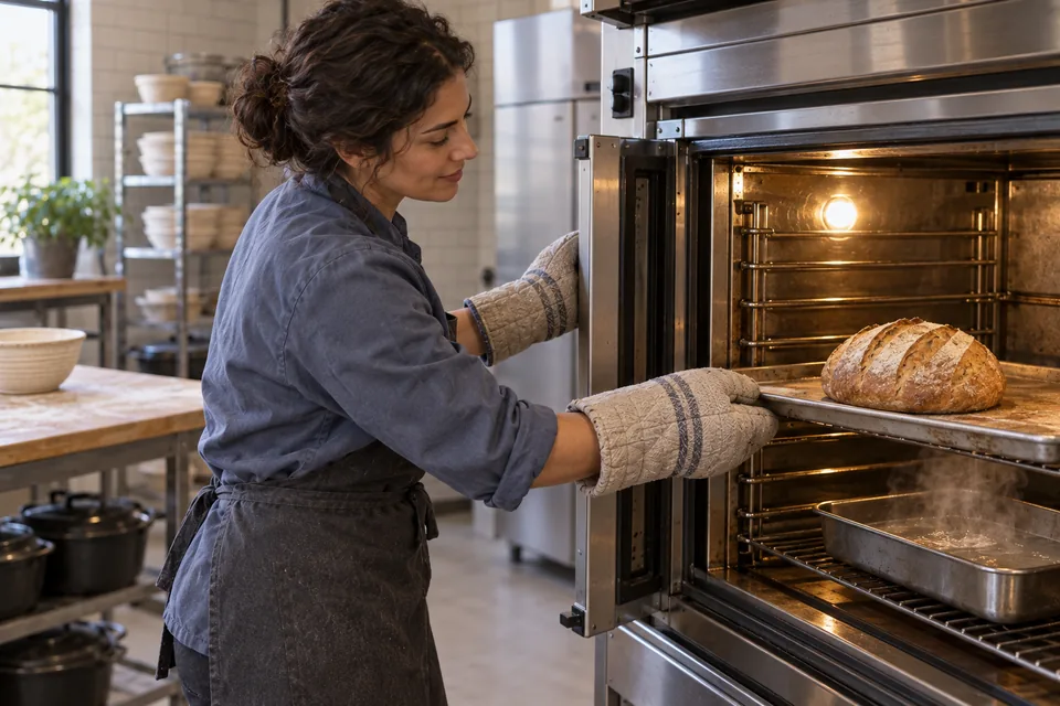 A baker with oven mitts checks one diagonally scored round loaf above a separate metal steam pan.