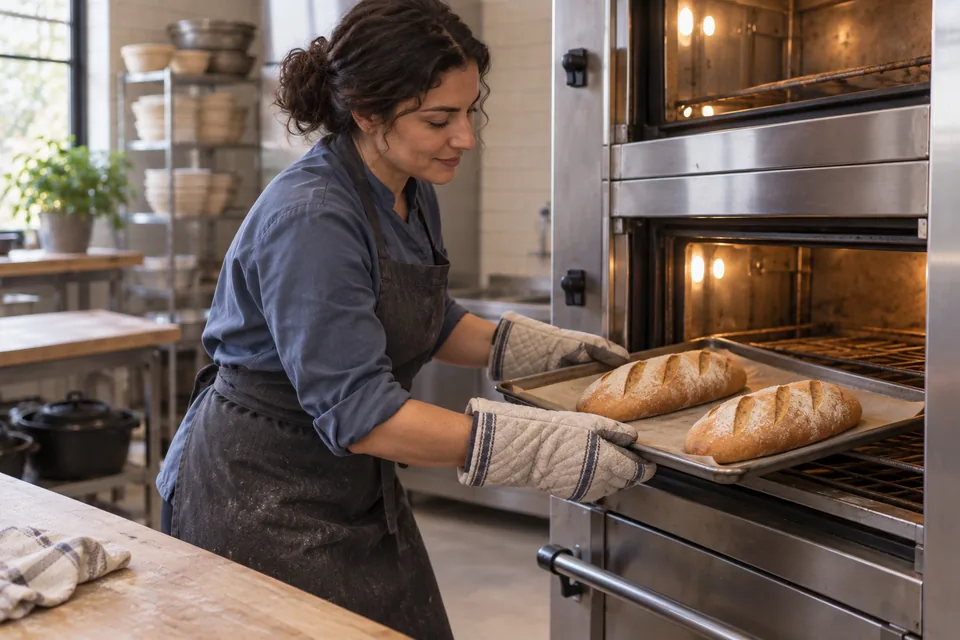 A baker with oven mitts holds a tray of two golden elongated loaves, each with three diagonal slashes.