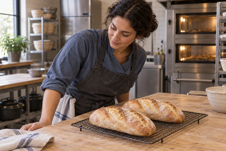 Two intact golden elongated loaves with three slashes each rest on a wire rack in front of the baker.