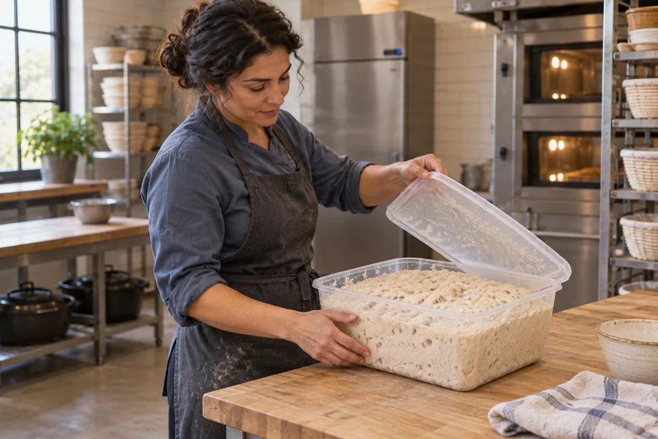 A baker lifts a lid to inspect a tub of expanded ivory dough dotted with bubbles.