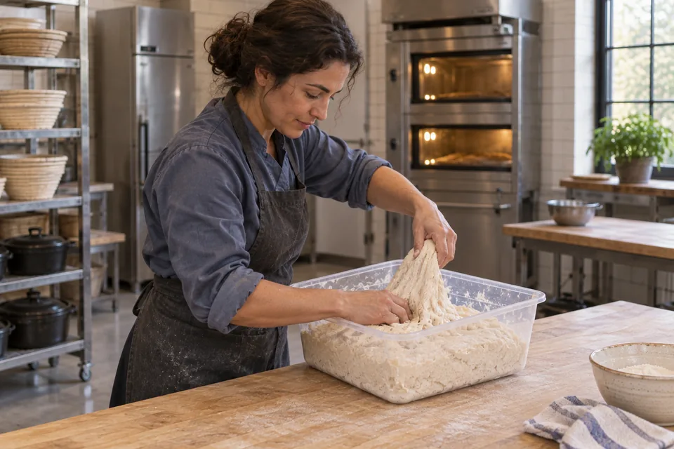 A baker standing side-on lifts a connected edge of ivory dough inside a clear tub.