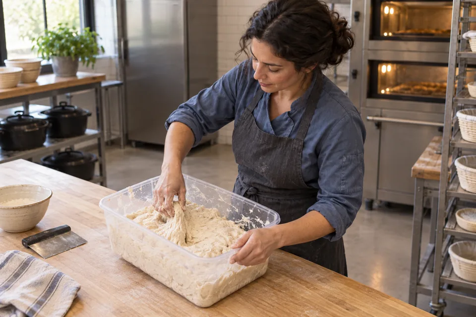 Viewed from above, a baker pinches through ivory dough in a clear tub while steadying its rim.