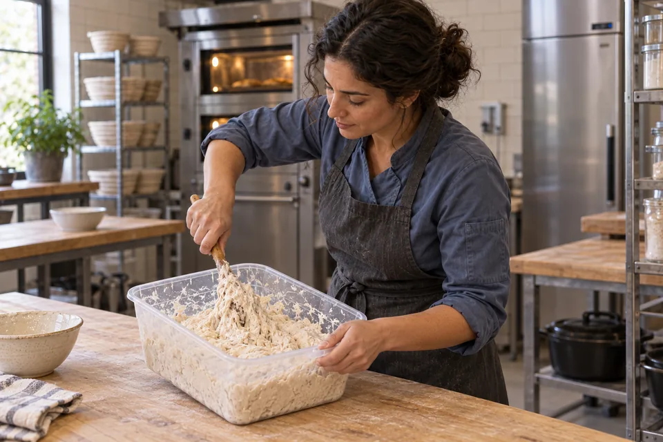 A baker stirs sticky ivory dough in a clear tub with a wooden spoon.