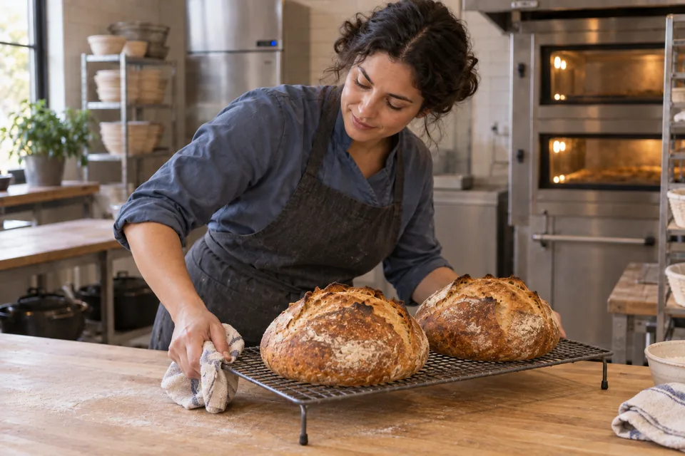 A baker arranges a wire rack holding two intact golden-brown round loaves with naturally burst tops.
