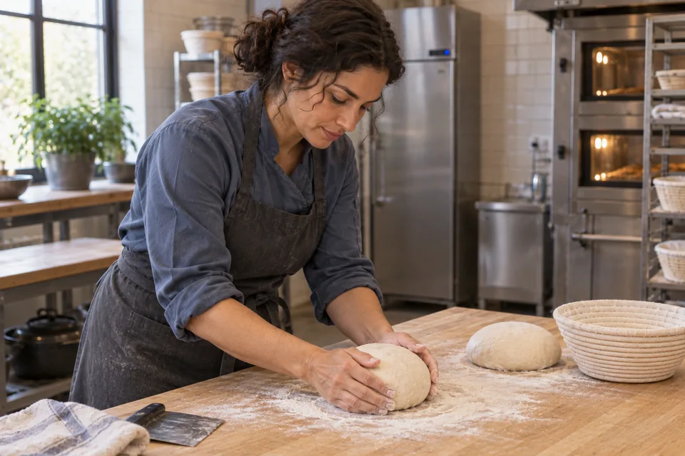 A baker cups one smooth white dough round on the bench, with a second round beside an empty basket.