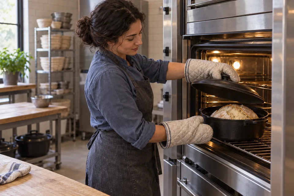 A baker lifts a hot pot lid with an oven mitt, revealing a white loaf with a naturally opened top.