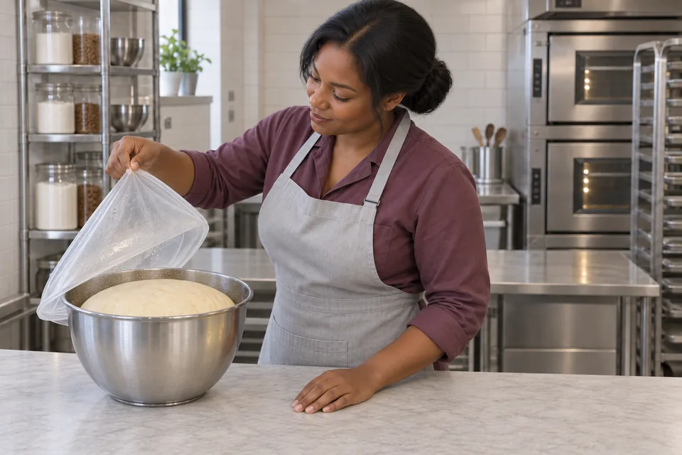 Baker lifting the cover from doubled enriched dough in a greased bowl.