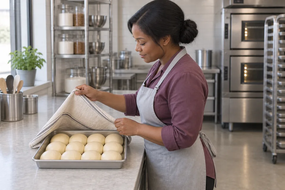 Baker lifting a cloth from twelve puffy rolls before baking.