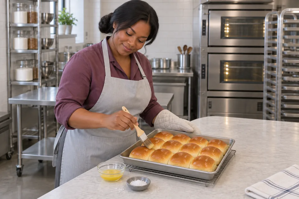 Baker brushing butter onto twelve golden dinner rolls, with a small dish of flaky salt beside the pan.