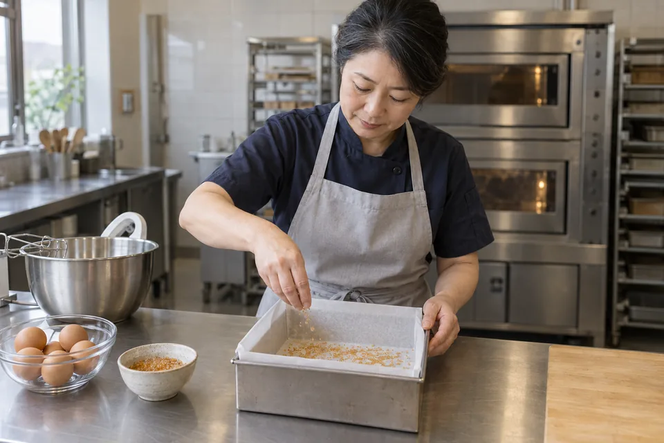 A baker scatters coarse sugar into a paper-lined square cake pan.