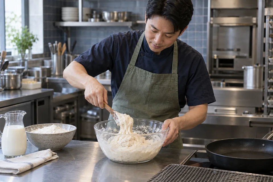 A cook mixes soft sticky hotteok dough in a glass bowl.
