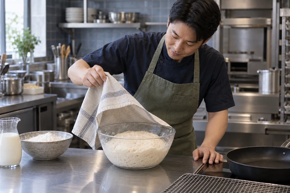 The cook lifts a cover to inspect puffy risen hotteok dough.