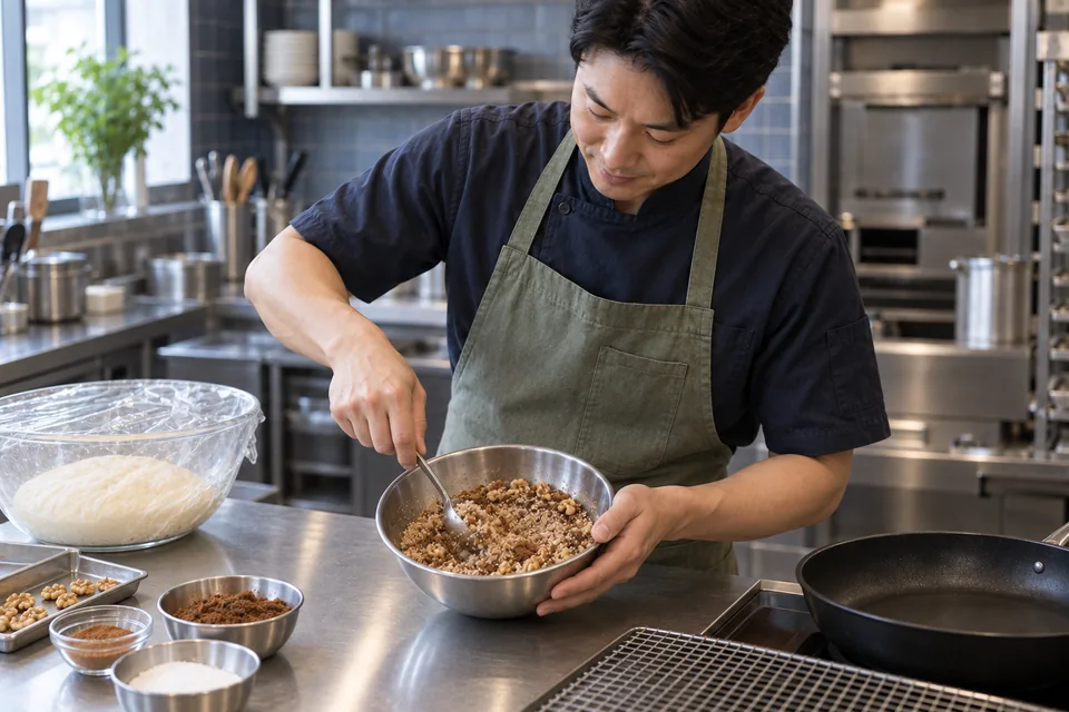 The cook stirs chopped walnuts through the cinnamon-sugar filling.