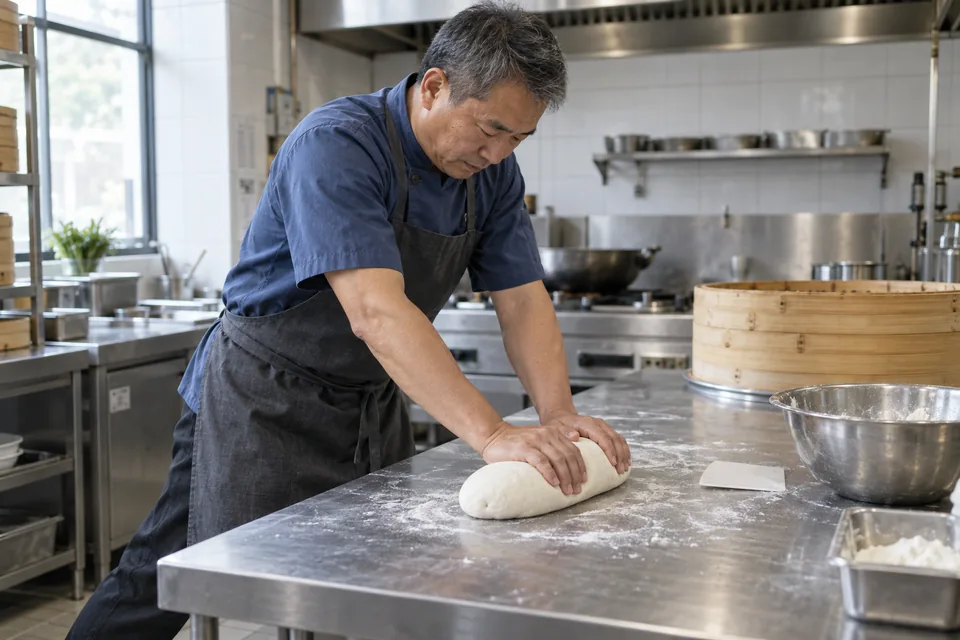A cook kneads one smooth ball of firm mantou dough on a worktop.