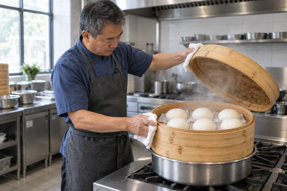 The cook opens the steamer to reveal six smooth white cooked mantou.
