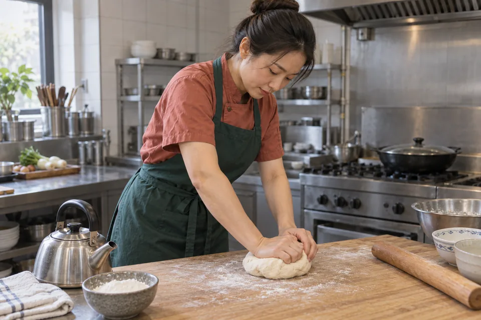 The cook kneads a firm plain dough on the pastry board.