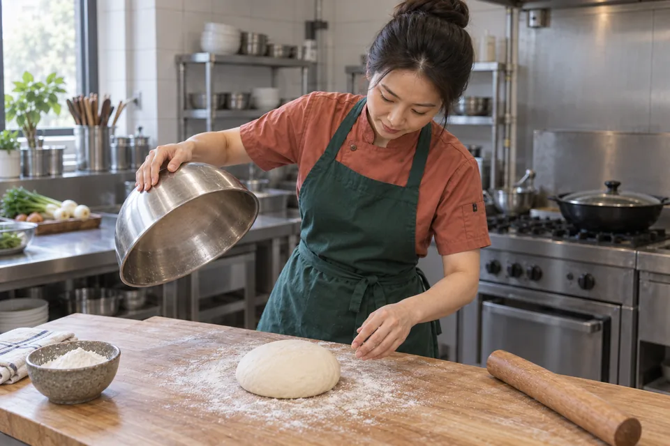 The cook uncovers a smooth rested dough ball.