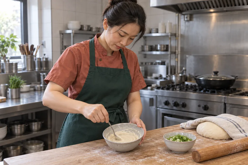 The cook stirs a smooth pale flour-and-oil paste in a small bowl.