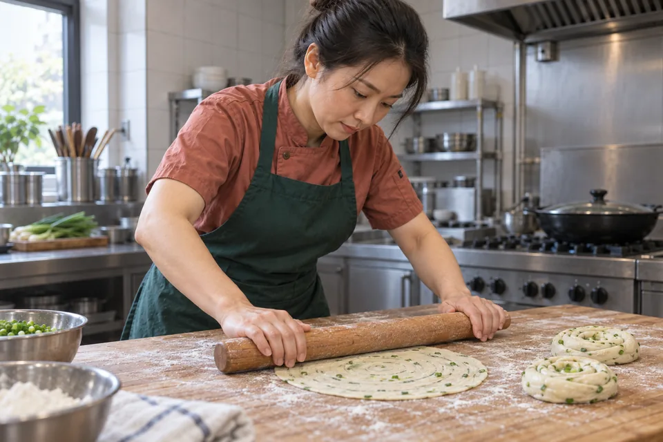 The cook rolls a scallion dough coil into a thin round pancake.