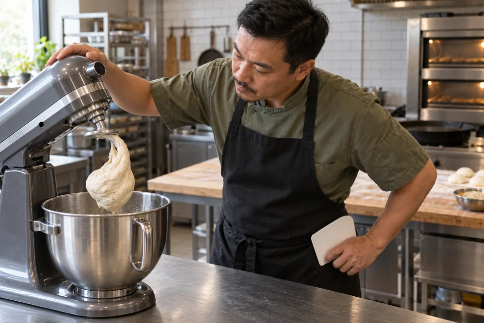 The baker checks a smooth tacky dough held by the stopped mixer hook.