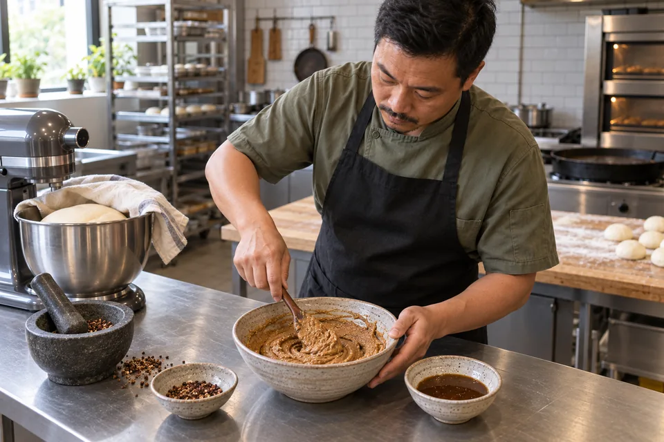 The baker stirs brown nut-and-sesame paste beside a separate small glaze bowl.