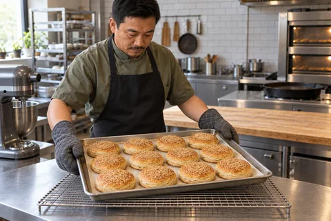 The baker sets a tray of twelve puffed golden sesame breads on a cooling rack.