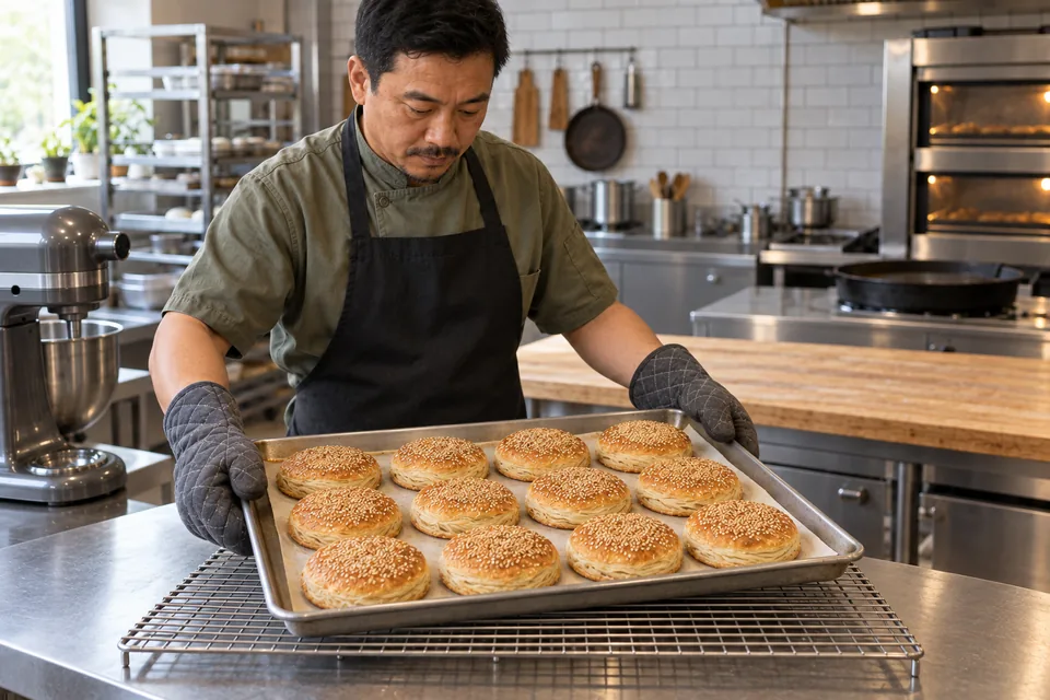 The baker sets a tray of twelve puffed golden sesame breads on a cooling rack.