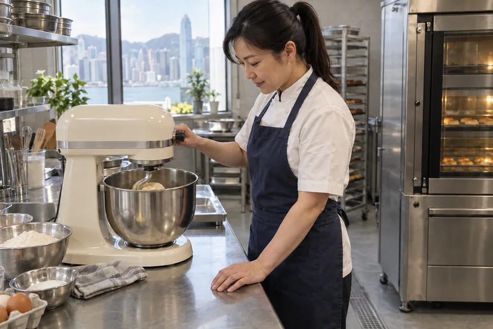 A cook monitors cohesive enriched dough being kneaded in a stand mixer.