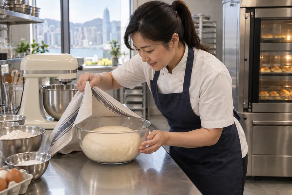 The baker lifts the cover to check risen enriched dough in a bowl.