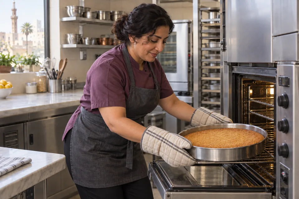 Cook removing the deep golden basbousa from the oven using two mitts.
