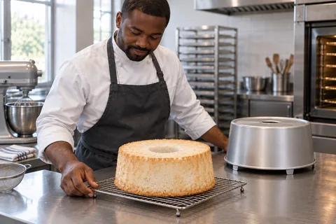 Angel food cake: cool inverted.