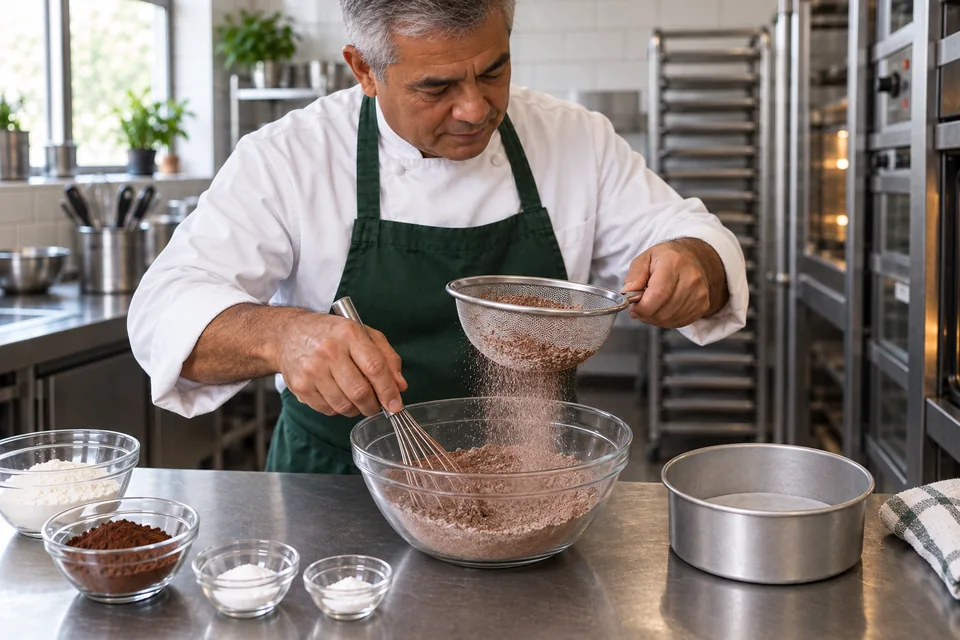 Chocolate cake: mix dry ingredients.