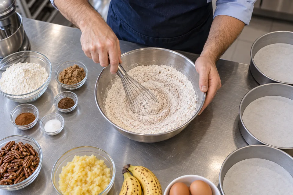 Banana, pineapple and pecan cake: mix dry ingredients.