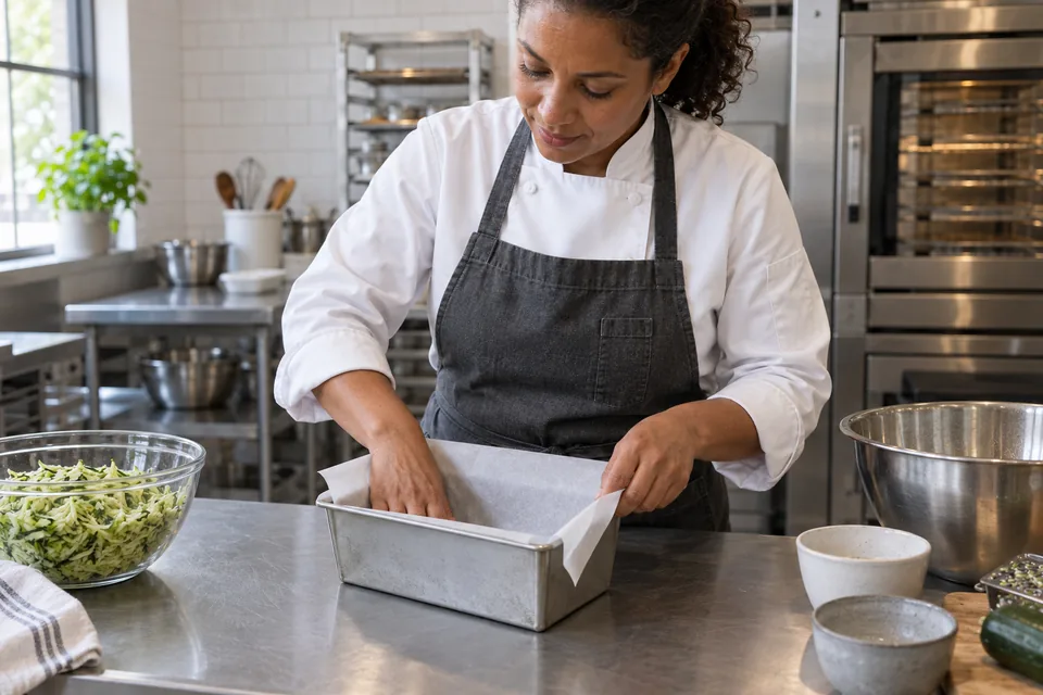 A baker fitting parchment paper into an empty metal loaf tin.