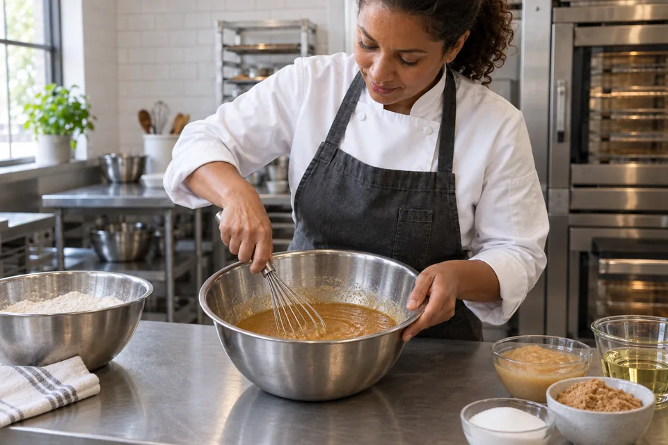 A baker whisking the smooth brown wet mixture in a bowl.