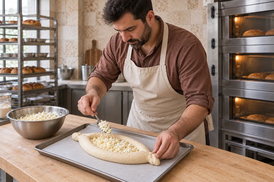 Baker leaning over a raw boat-shaped dough and adding the mixed cheeses to its open centre.