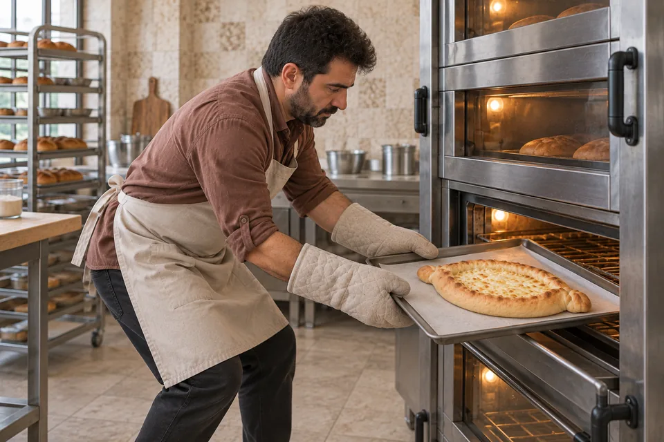 Baker bending toward a low oven rack and supporting a tray of lightly golden cheese bread with two oven mitts.