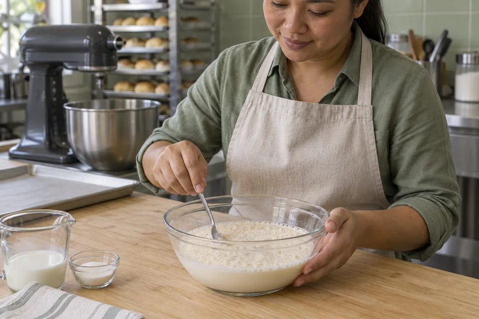 Foamy yeast and milk in a glass bowl on a professional bakery bench.